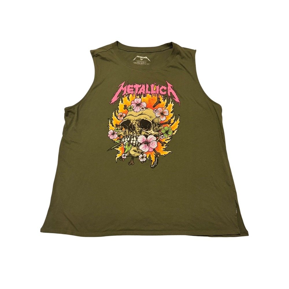 Metallica Women's Plus Skull Floral Logo Graphic Tank Top Olive Green Crew Neck